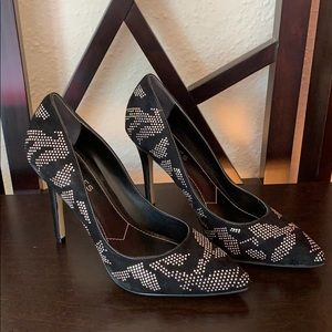 Black suede metallic embellished heels 7.5